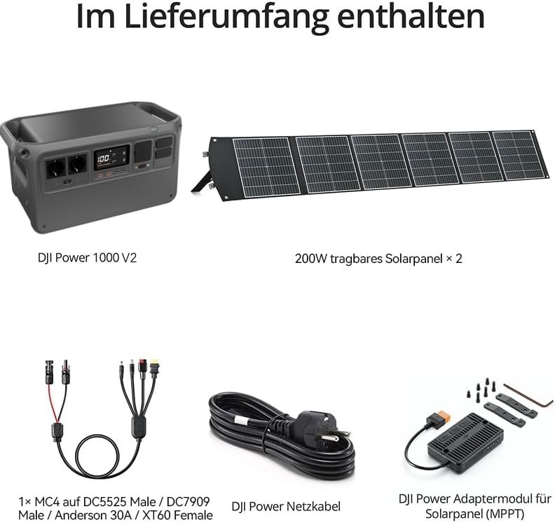 Power 1000 V2 Tragbare Powerstation 1024Wh, mit 2 x 200 W faltbarem Solarpanel, MC4 auf DC5525 Male / DC7909 Male/Anderson 30A / XT60 Female, 1x MPPT, Off-grid für Camping & Wohnmobile.