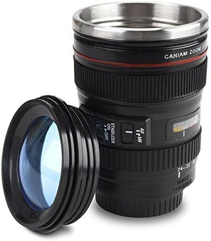 Camera Lens Coffee Mug, Stainless Steel Cup with Lid, Leakproof, Novelty Present for Men or Woman, Christmas Gift Idea (Black)