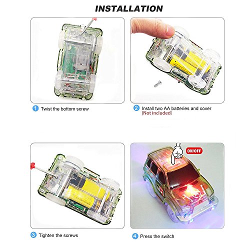 2 Pack Replacement Track Cars Light Up Toy Cars, 5 LED Flashing Lights Compatible with Most Tracks, Green Military Jeep and Yellow School Bus