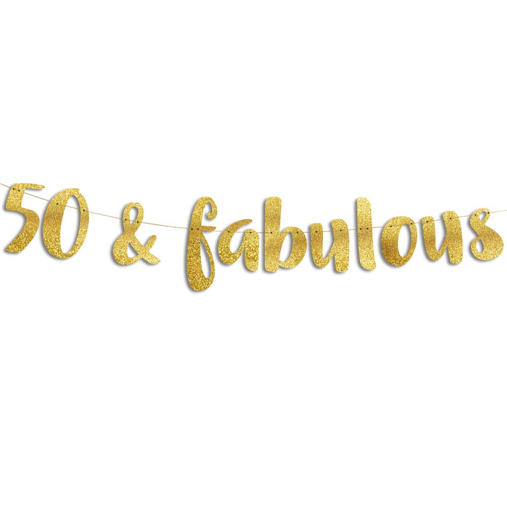 Pre-Strung 50 & Fabulous Gold Glitter Banner - Funny 50th Birthday and Anniversary Decorations for Men and Women - Party Supplies, Bunting Gifts and Wall Decorations