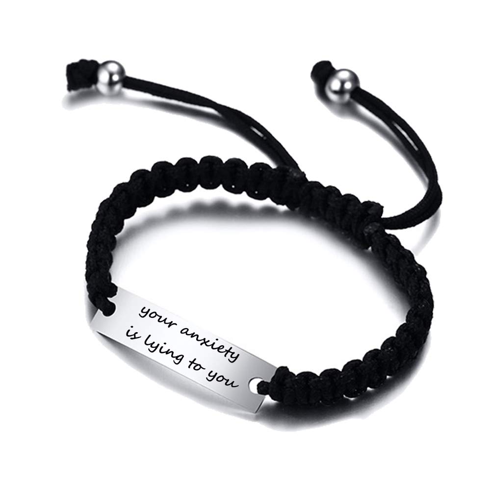 PJ JEWELLERY your anxiety is lying to you Stainless Steel Inspirational Motivational Bracelet Handmade Braided Rope Wrist Bangle Inspirational Gifts for Women Men