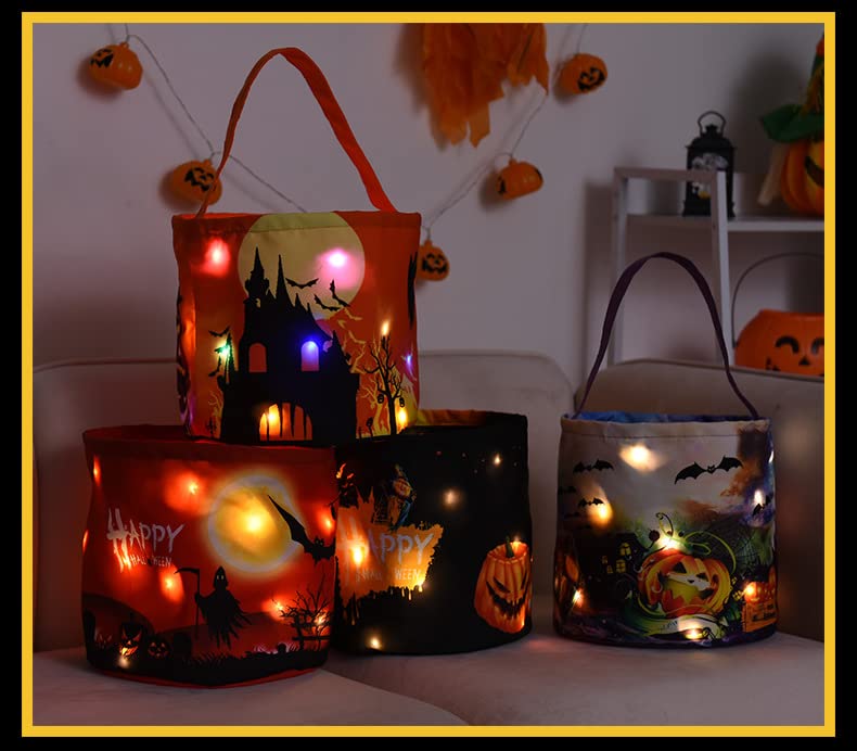 Halloween Trick or Treat Bags, Halloween Tote Bags with Light, Glowing Pumpkin Candy Buckets for Kids, Reusable Halloween Goodie Bags Gifts Wrapping for Halloween Party Favor Supplies (Orange)