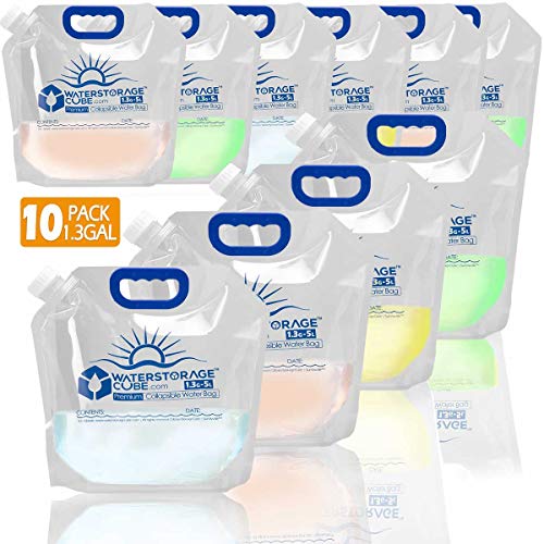 WaterStorageCube Premium Collapsible Water Container Bag, BPA Free Food Grade Clear Plastic Storage Jug for Camping Hiking Backpack Emergency, No-Leak Freezable Foldable Water Bottle 1.3 Gallon 10Pack
