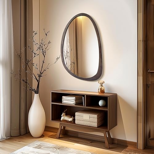 medla Irregular Oval Wall Mirror: 50x70CM Asymmetrical Mirror Modern Wood Frame Unique Shape Wall Mounted Vanity Artistic Mirror Decorative for Living Room Bedroom Bathroom Entryway Hallway