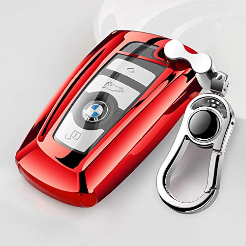 Tpu Silicone Full Protective Car Key Fob Cover for BMW，3 Buttons Remote Control Smart Key Case with Leather Keychain, Compatible with BMW 1/3/4/5/6/7 Series and X3/X4/M5/M6/GT3/GT5,etc.-Red