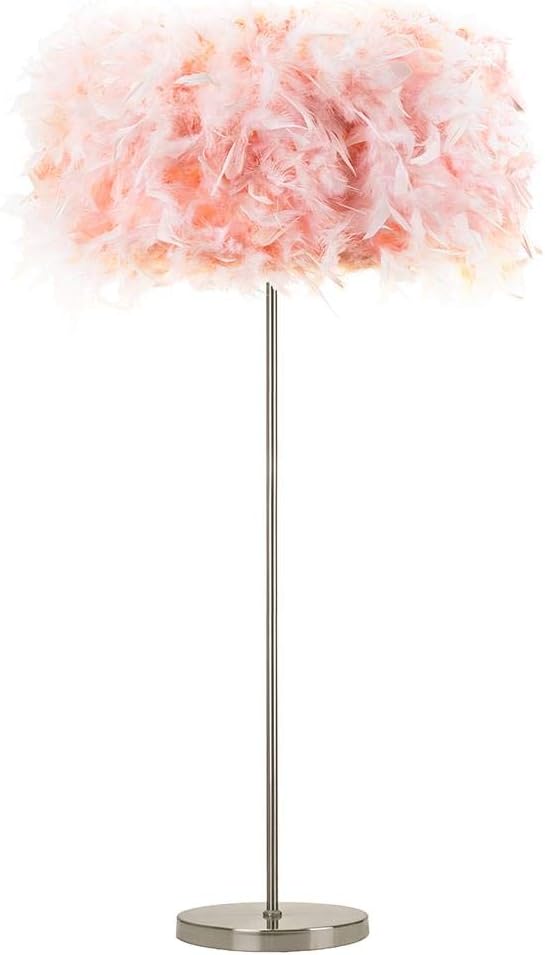 Happy Homewares Modern and Chic Real Pink Feather Standard Floor Lamp with Satin Nickel Base and Foot Switch