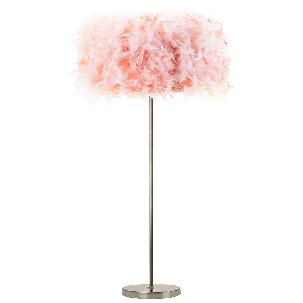 Happy Homewares Modern and Chic Real Pink Feather Standard Floor Lamp with Satin Nickel Base and Foot Switch - Perfect for Childrens Bedroom - 60w Maximum SES Bulb