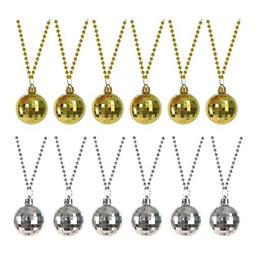 VYNYJOAN 12PCS Disco Ball Necklaces 1.57 Inch Disco Ball Costume Necklaces 70s Disco Party Necklaces for Stage Props, Party Favors, Costume Accessories, Festival Decor (Gold+Silver)