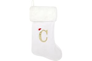 Tokforty 20 Inches White Velvet with White Super Soft Plush Cuff Monogram Christmas Stockings, Xmas Personalized Embroidered Letter Stockings for Family Holiday Decorations and Xmas Tree Fireplace（C）