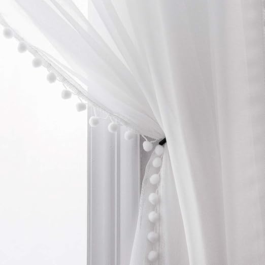 Amazon Com Selectex Linen Look Pom Pom Tasseled Sheer Curtains