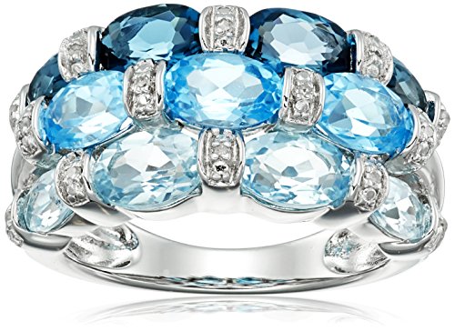 Sterling Silver London Blue Topaz, Swiss Blue Topaz, Light Blue Topaz and Diamond Ring, Size 8
