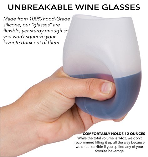 Unbreakable Silicone Wine Glasses - 14 Ounce Stemless Shatterproof Wine Squishy Cups by Jokel - Set of 4