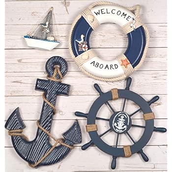 Wooden Nautical Lighthouse Anchor Wall Hanging Ornament, Beach Wooden Boat Ship Steering Wheel Wall Decor, Nautical Sailing Ship Home Display Decor, Nautical Life Ring Wall Beach House Decor