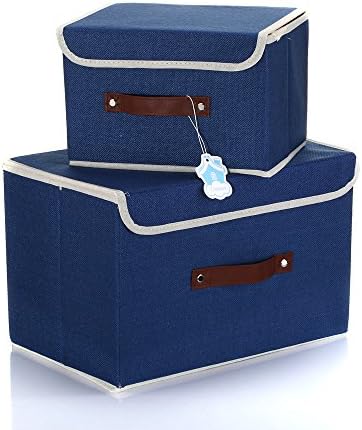Larger&amp;Small Multifunction Foldable Polyester Linen Canvas Storage Containers,Convenient Cubes Basket Storage Bin with Lid for Clothing,sock,underwear,Toys,Books,Art,Craft supplies ect (Blue)