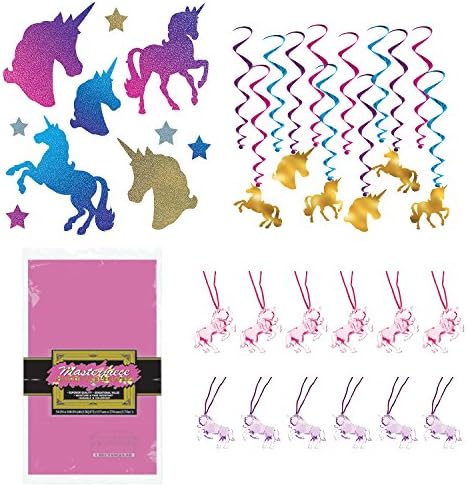 TwiceBooked Princess Unicorn Party Decoration Kit - 12 Unicorn Hanging Whirls 10 Unicorn Wall Cutouts 12 Pink and Purple Unicorn Necklaces 1 Bright Pink 54 x 108 Inch Rectangular Plastic Table Cover