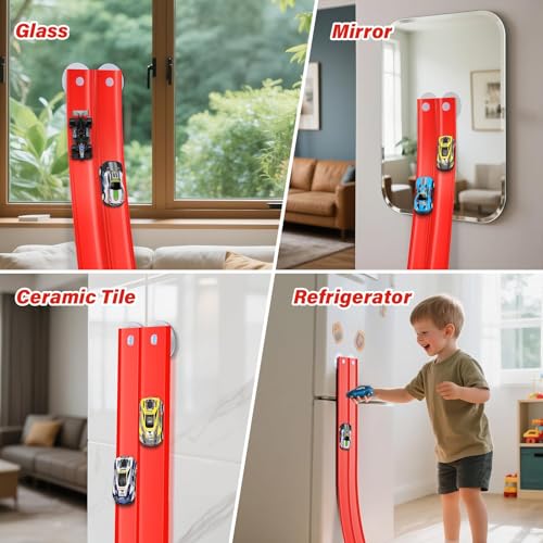 5m Flexible Car Race Track, Fits Hot Wheels & Diecast 1/64 Cars, Roll-Up Loop Track with 4 Mini Cars and 8 Suction Cups, Portable Flex Track Toy Gift for Kids Ages 3+