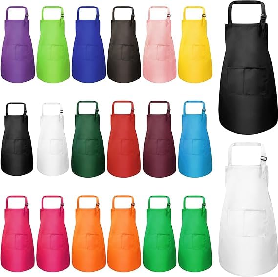 MSYU 20 Pieces Kids Apron Set, Children Adjustable Chef Apron with Pockets Cooking Apron Bulk for Kitchen Cooking Baking Painting (Multicolor)