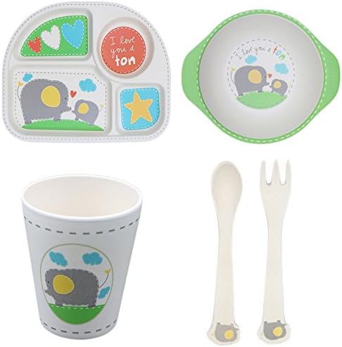 Bamboo Plates More Eco-Friendly, Cartoon Dinner Plate Sets Easily Wash Clean, 5 Pieces Kids Meal Sets For 1-6 Years Old Children's Tableware Gift-Set（Elephant)