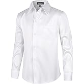 Spring&Gege Boys Shiny Satin Dress Shirts Sateen Long Sleeve Wrinkle-Free Solid Formal Wedding Button Down Shirts