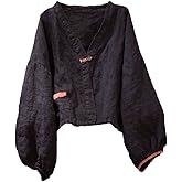 NFYM Women's Linen Open Front Shirt Lantern Long Sleeve V Neck Plain Color Crop Top Blouse