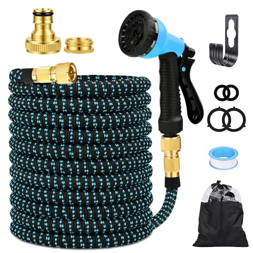30M Extendable Flexible Garden Water Hose 8 Functions Spray Water Hose with 1/2" and 3/4" Brass Connector, Suitable for Car Wash, Garden, Lawn, Animal Baths (Blue)