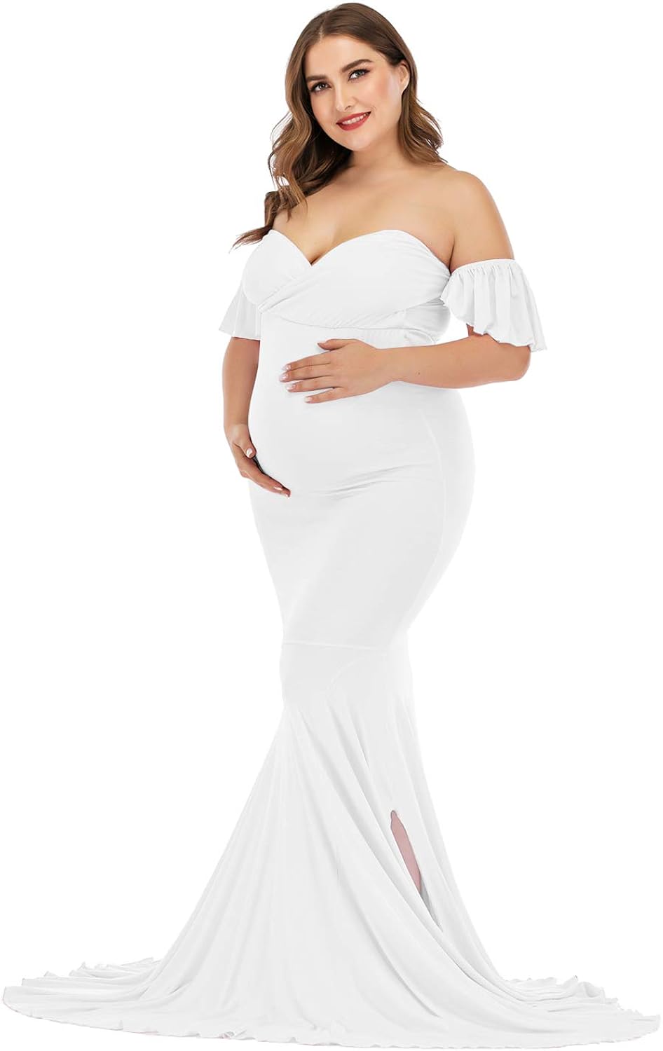 ZIUMUDY Off Shoulder Maternity Elegant Fitted Photo Shoot Gown Wraped Mermaid Baby Shower Dress at  Women’s Clothing store