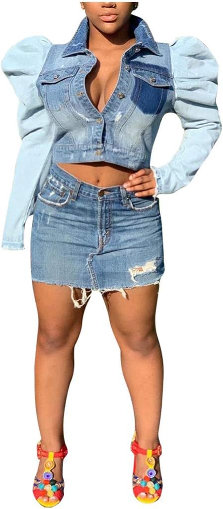 Women's Casual Puff Sleeve Denim Short Solid Color Long Sleeve Top Jacket