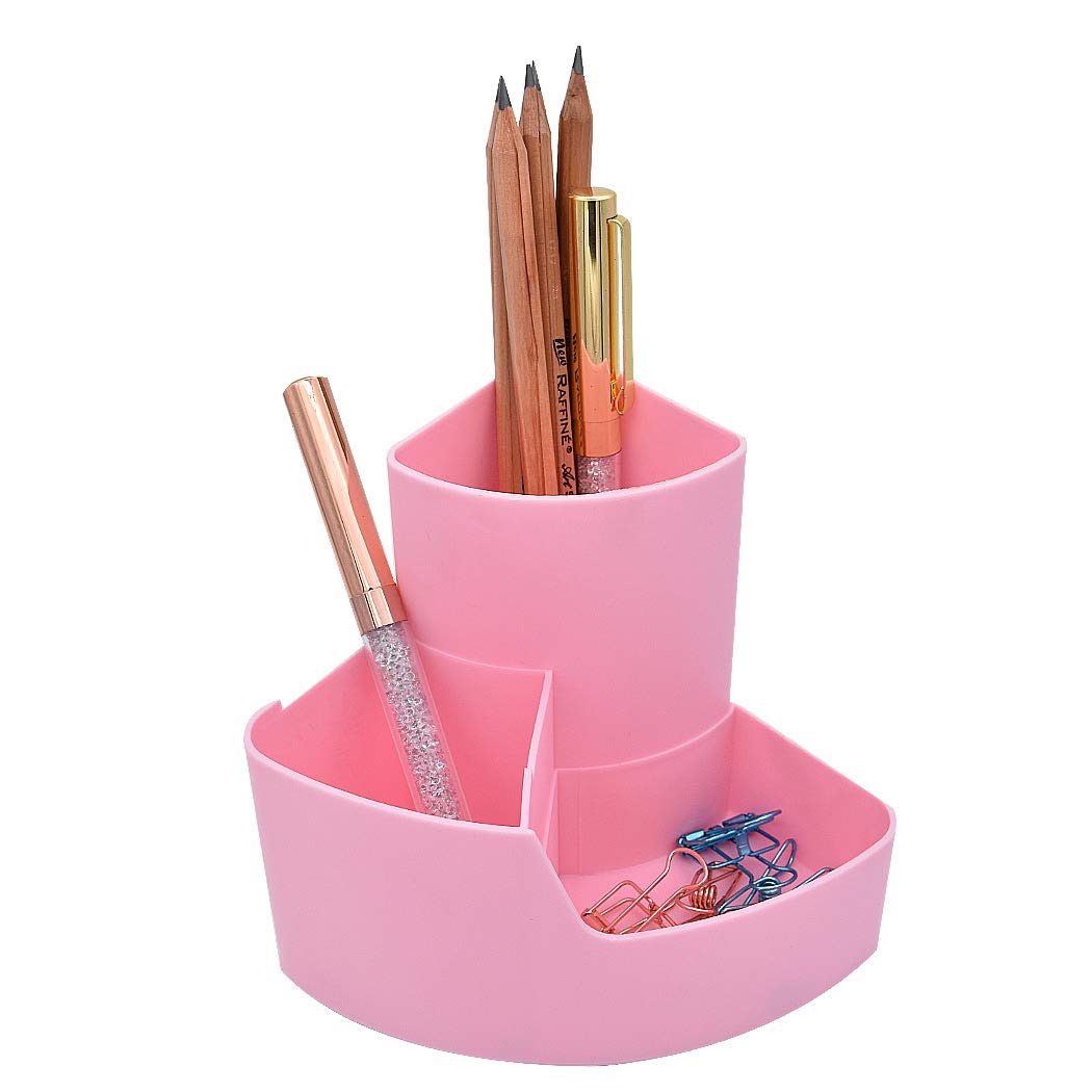 SIPLIV Plastic Pencil Holder Pen Containers, Multifunctional 3 Compartments Storage Box Makeup Brush Holder Pen Cup Desk Organizer Office Supplies Organizer, Pink