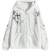 Women Men Y2K Zip Up Oversized Hoodie Gothic cross Graphic Emo Grunge Baggy Fleece Jacket 90s Punk Streetwear