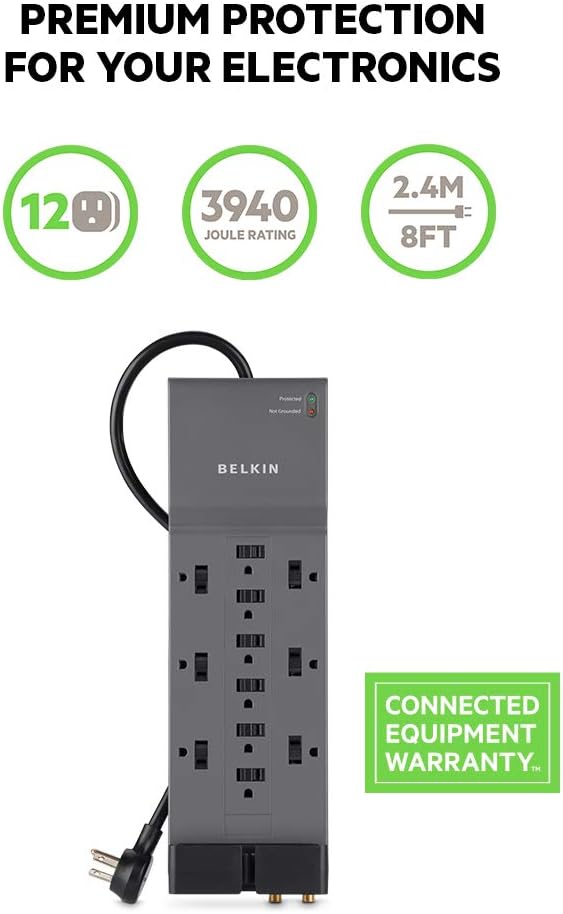Belkin Power Strip Surge Protector - 12 AC Multiple Outlets & 8 ft Long Flat Plug Heavy Duty Extension Cord for Home, Office, Travel, Computer Desktop, Laptop & Phone Charging Brick (3,940 Joules): Home Audio & Theater