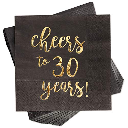 Blue Panda 100-Pack Gold Foil Paper Cocktail Napkins with Cheers to 30 Years! for Birthday and Anniversary Party Supplies, 5 x 5 Inches, Black