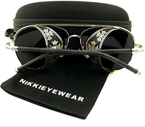 NIKKIEYEWEAR - Steampunk Aviator Sunglasses Embossed Intricate Details Side Shields (Gold Frame - Black Lens)