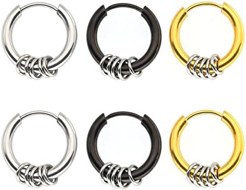 TENGZHEN 3 Pairs Gold/Black/Silver Tone Stainless Steel Small Cartilage Charm Drop Hoop Earrings Ste For Men Women 10MM