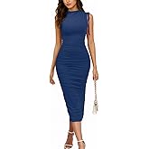 IHOT Women's Mock Neck Sleeveless Mesh Back Slit Ruched Bodycon Wedding Guest Cocktail Evening Party Midi Dresses