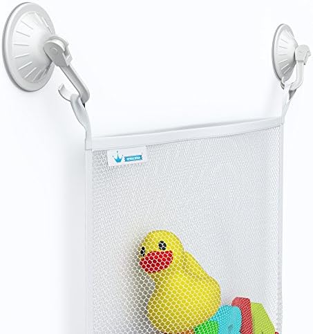 Bath Toy Organizer &amp; Includes 3 BONUSES +, Bathroom Accessories For Baby/Kids, Mesh Storage Bag Netting Helps Minimize Mold, Mildew + 4 Super-Strength Hooked Suction Cups + Ducky!