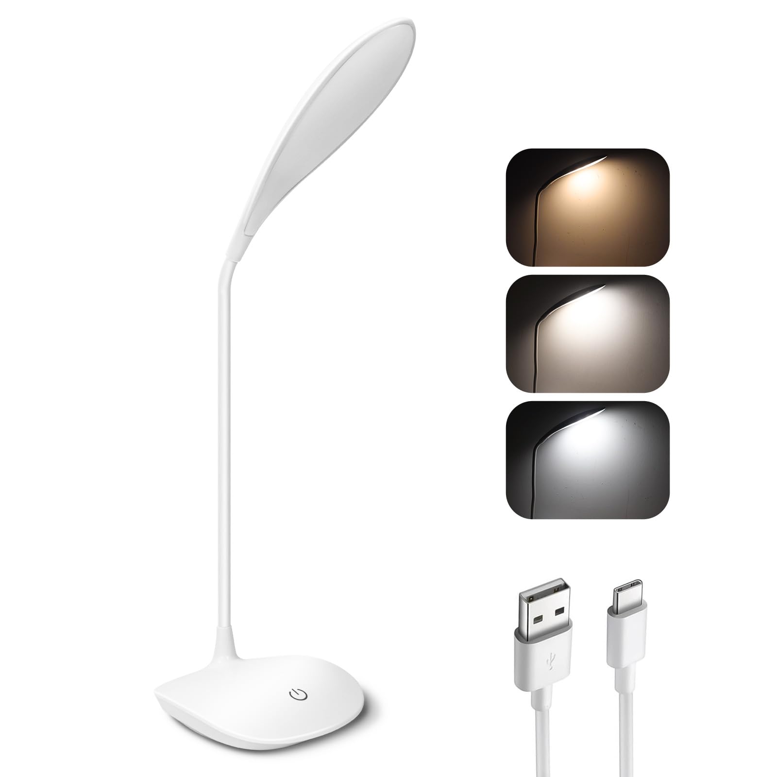 EXTRASTAR 3W LED Desk Lamp, USB Rechargeable Reading Light with Touch Control, 24 LEDs Dimmable Bedside Lamp 3 Colors Stepless Dimming White