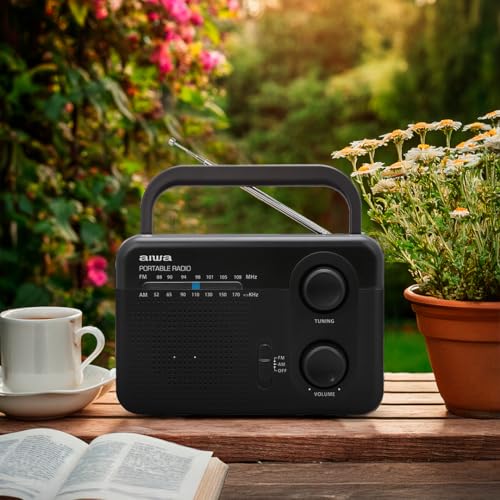 Aiwa Radio Analógico Portátil AWFML4 Am 520-1710 kHz FM 87.5-105 MHz Altavoz 3″ AUX, Bateria Recargable, Antena, Entrada de Auriculares 3.5 mm Color Negro