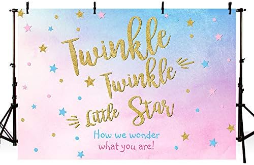 Mehofoto 7 X 5フィート ピンクまたはブルー キラキラ リトルスター 性別公開パーティー 背景 写真背景 男の子または女の子 ゴールドスター フォトバナー ベビーシャワーデザートテーブル装飾