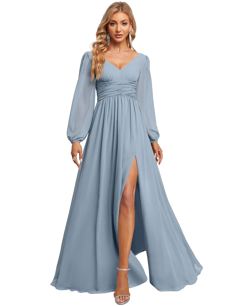 Photo 1 of Sixsoon Long Sleeve Bridesmaid Dresses with Slit for Women V Neck A Line Pleated Chiffon Bridesmaids Dress for 2025 Juniors US6 Dusty Blue