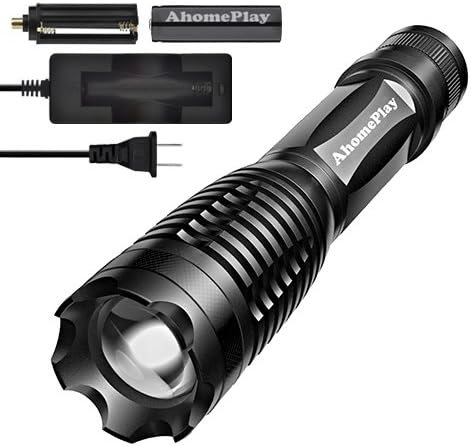AhomePlay Waterproof Tactical Flashlight - CREE XP-E T6 LED, 900 Lumen, 5 Modes, Adjustable Focus, Rechargeable 18650 Battery and Charger Included - White Light
