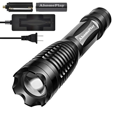 AhomePlay Waterproof Tactical Flashlight - CREE XP-E T6 LED, 900 Lumen, 5 Modes, Adjustable Focus, Rechargeable 18650 Battery and Charger Included - White Light