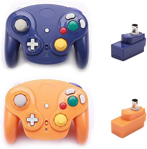 Poulep 2 Packs Classic 2.4G Wireless Controllers Gamepad with Receiver Adapter for Nintendo Wii U Gamecube NGC GC (Purple and Orange)