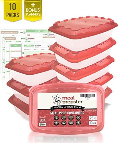 Meal Prepster Food Prep Containers (1-Compartment) - Reusable Microwavable BPA-Free - Plastic Food Safe Storage Container Lunch Boxes (28 OZ) (Clear / Red lid) + 5 Printable Planners! (10 pack)