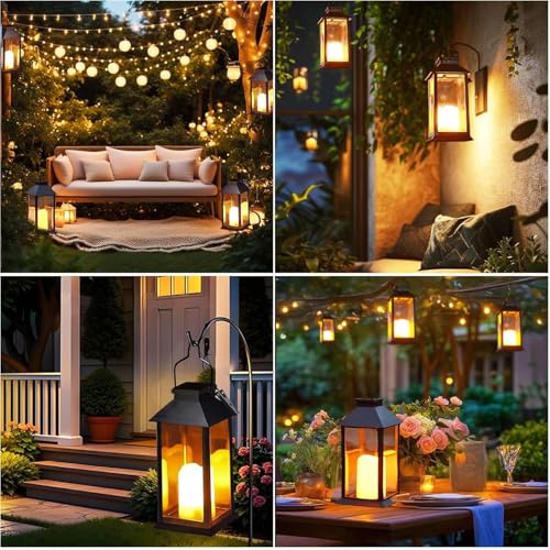 Yowin Solar Lanterns for Outside 2 Pack 22cm Tempered Glass Hanging Solar Lights Outdoor Garden with Flickering Candle, Waterproof Outdoor Lanterns for Patio Pathway Balcony Mother Gift Decorations