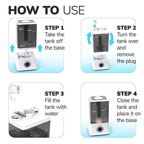 PONNYC Cool Mist Humidifier - Ultrasonic Humidifier for Home, Office, Baby, Bedroom - Essential Oils Diffuser - Premium Air Humidifier, Whisper-Quiet, Large Capacity 1.2 Gal