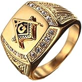 PMTIER Men's Cubic Zirconia Masonic Freemason Gold Plated Stainless Steel Rings