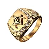 PMTIER Men's Cubic Zirconia Masonic Freemason Gold Plated Stainless Steel Rings Size 9