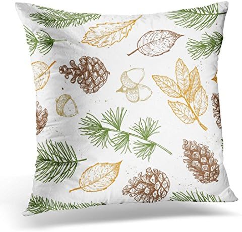 Throw Pillow Cover Botanical Illustrations Forest Autumn Collection Spruce Branches Acorns Pine Cones Fall Leaves for Quotes Decorative Pillow Case Home Decor Square 18x18 Inches Pillowcase