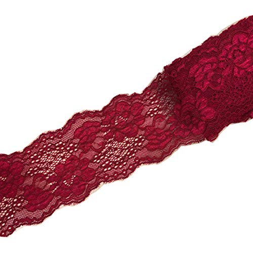 10 Yards Stretch Lace Ribbon Trim 3 inch Floral Pattern Lace Elastic for Headbands Garters Sewing Decorat Craft Supply (Wine Red) - Thumbnail 3