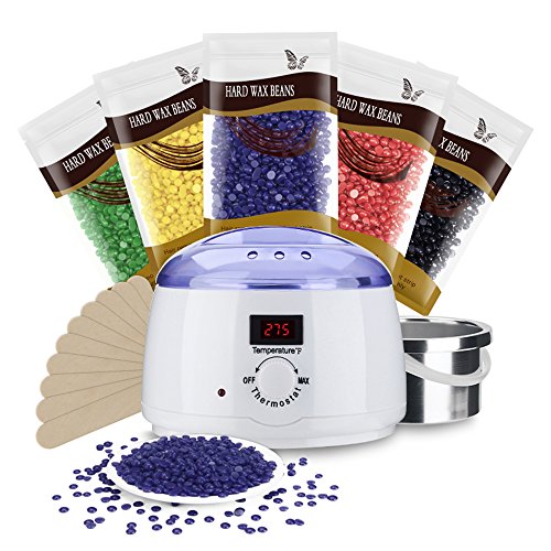 Wax Warmer, Hair Removal Hard Wax Warmer Home Waxing Kit with LCD Display Screen, 500ml Removable Wax Pot, 5 Packs Hard Wax Beans, 10 Wooden Wax Applicator Sticks